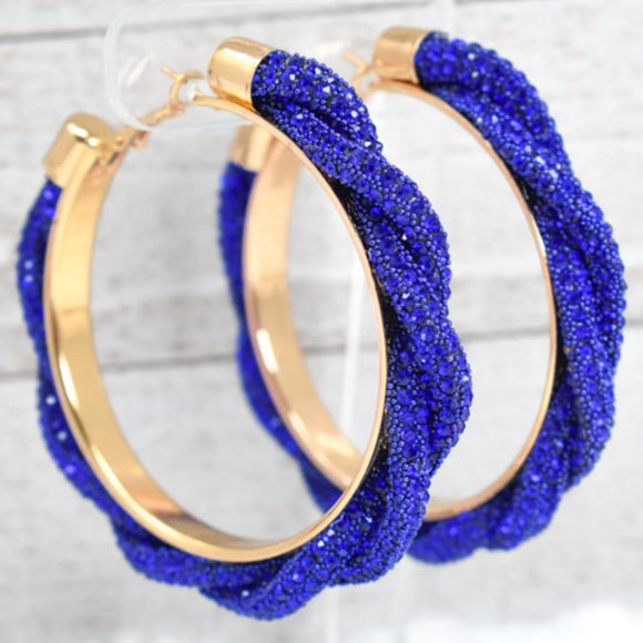 3" Braid Twist Royal Blue Rhinestone Hoop Earrings - Picture 5 of 12